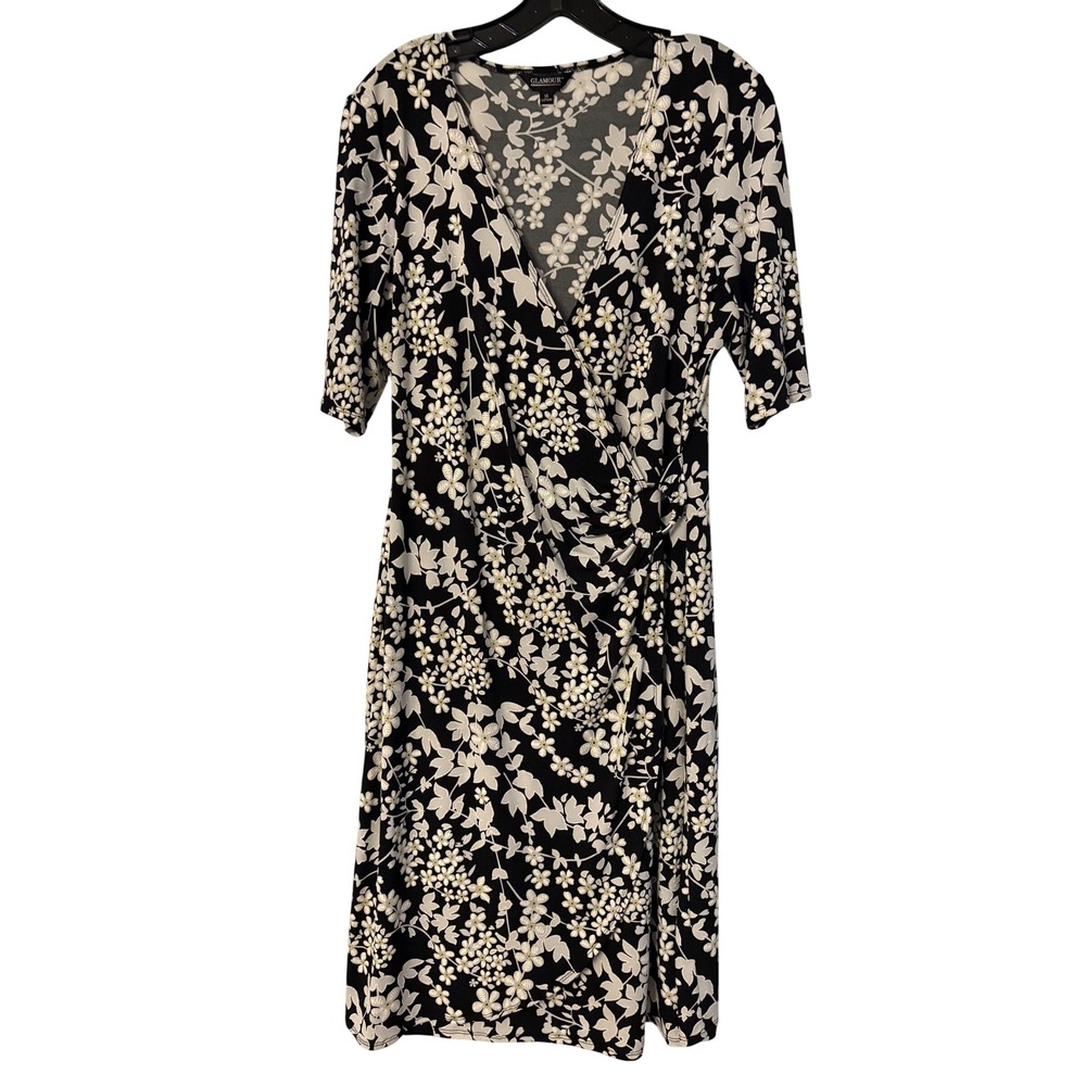 Glamour Floral Print Faux Wrap Dress‎ Elegant Black White Midi Womens Size 14